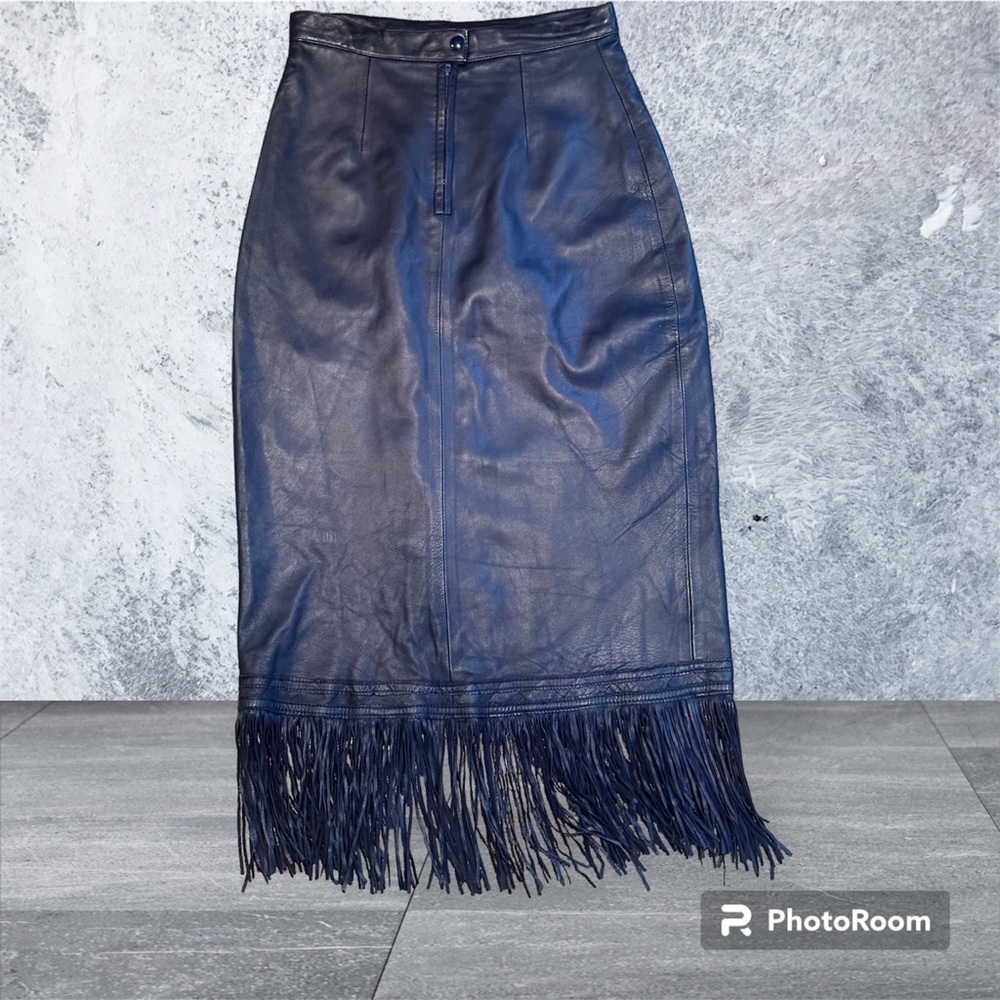 Continental baby soft lamb skin leather fringe skirt Indigo blue. NWOT cowgirl - Picture 5 of 17